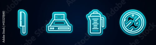 Set line Knife, Kitchen extractor fan, Teapot and Cutting board. Glowing neon icon. Vector