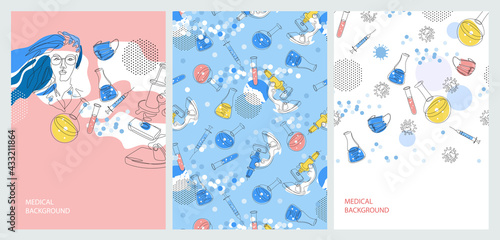 Medical background. Microscope, syringe, test tubes, mask. Laboratory research.