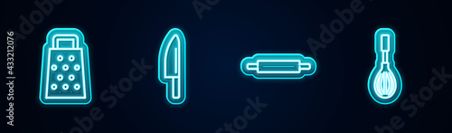 Set line Grater, Knife, Rolling pin and Kitchen whisk. Glowing neon icon. Vector