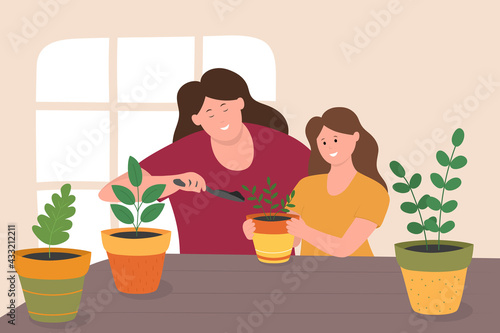 Happy mother and daughter plant flowers. Potted flowers. Vector illustration