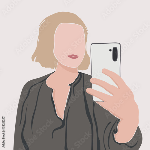 portrait of an abstract girl in a modern minimalist style. Woman woman taking selfie photo with smartphone. vector flat illustration