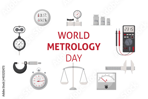 World Metrology Day. May 20. Banner with measuring instruments. Template for background, banner, card, poster with text inscription.