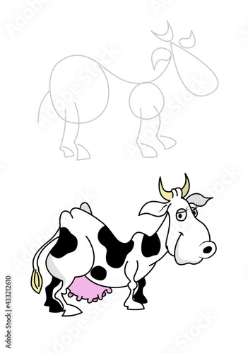 Cute funny cow character smiling with sketch drawing construction. Isolated on white background. Cartoon style vector illustration.