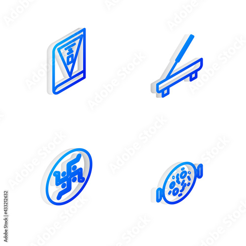 Set Isometric line Scented spa stick, India constitution day, Hindu swastika and Chicken tikka masala icon. Vector