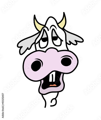 Cute funny complaining tired cow character head, face. Isolated on white background. Cartoon style vector illustration.