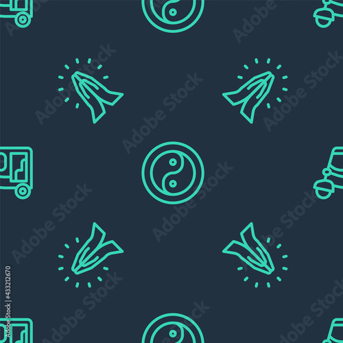 Set line Yin Yang, Hands praying position and Taxi tuk tuk on seamless pattern. Vector