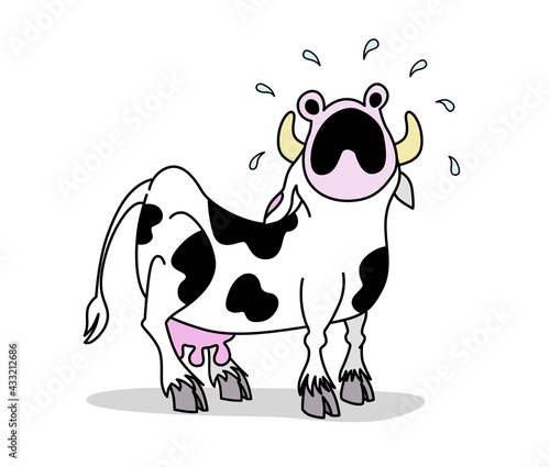 Cute sad crying cow character standing with tears around. Isolated on white background. Cartoon style vector illustration.