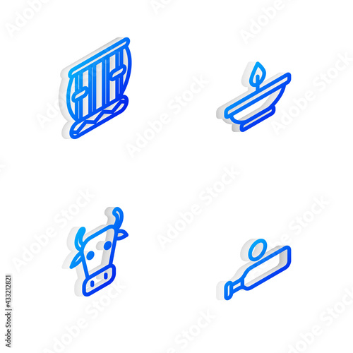 Set Isometric line Aroma lamp, Instrument tabla, Cow and Wood cricket bat and ball icon. Vector