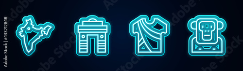 Set line India map, Gate in Delhi, Indian man dress and Monkey. Glowing neon icon. Vector