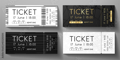 Admission ticket template set. Vector stripe tear-off entrance ticket with abstract line on black and white background. Design template for concert event, musical performance, exhibition, show