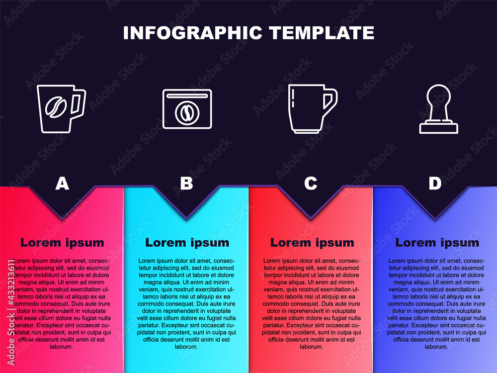 Set line Coffee cup, Bag coffee beans, and tamper. Business infographic template. Vector Set line Coffee cup, Bag coffee beans, and tamper. Business infographic template. Vector