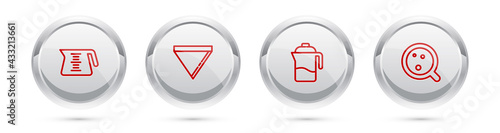 Set line Coffee pot, paper filter, French press and cup. Silver circle button. Vector