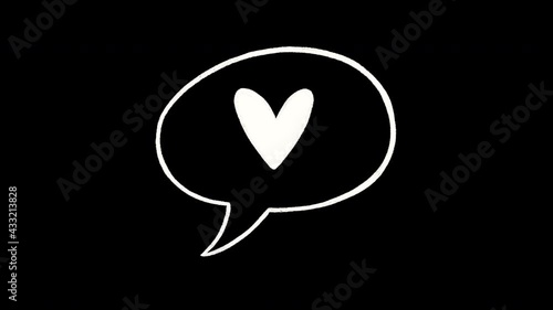 Pop up speech bubble with cute heart shape in it on transparent background. Hand drawn animation with alpha channel