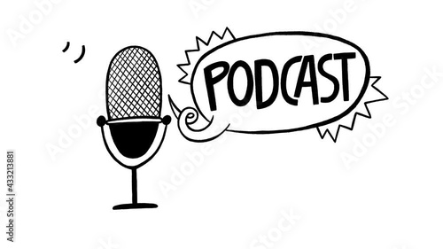 Animated podcast cover with hand drawn microphone and popping speech bubble with the hand lettering inscriptions. 2d motion graphic for vlog, blog, radio, musical broadcast.