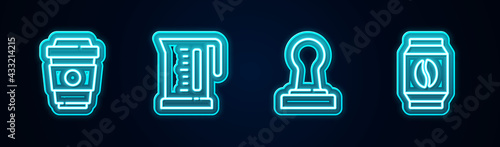 Set line Coffee cup to go, Electric kettle, tamper and Bag coffee beans. Glowing neon icon. Vector