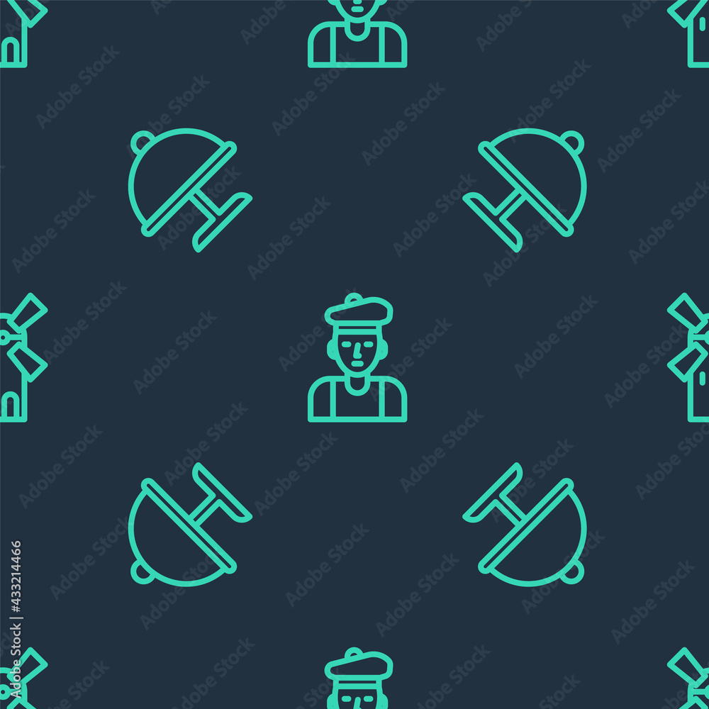 Set line French man, Covered with tray and Windmill on seamless pattern. Vector Set line French man, Covered with tray and Windmill on seamless pattern. Vector