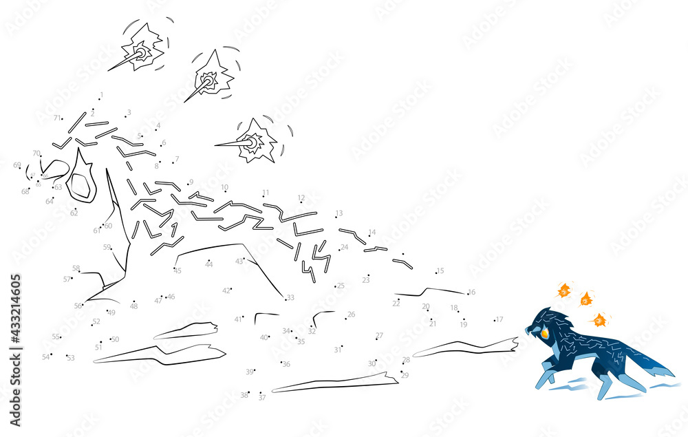 Obraz premium Point-to-point game. Draw a line. Wolf. For kids. Worksheet. Coloring book. Cartoon character.