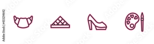 Set line Croissant, Woman shoe, Louvre museum and Paint brush with palette icon. Vector