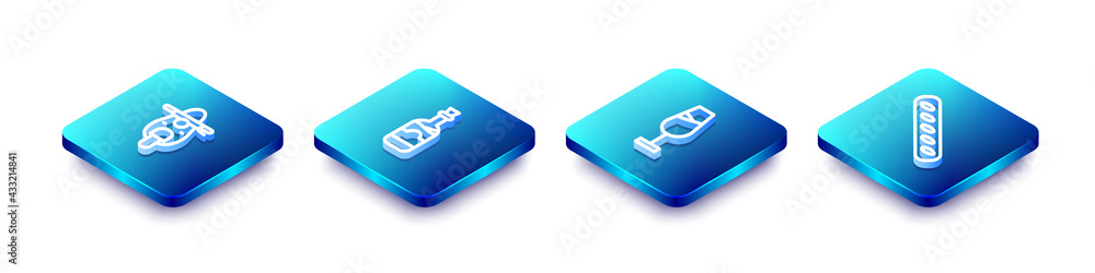 Set Isometric line Scooter, Bottles of wine, Wine glass and French baguette bread icon. Vector Set Isometric line Scooter, Bottles of wine, Wine glass and French baguette bread icon. Vector