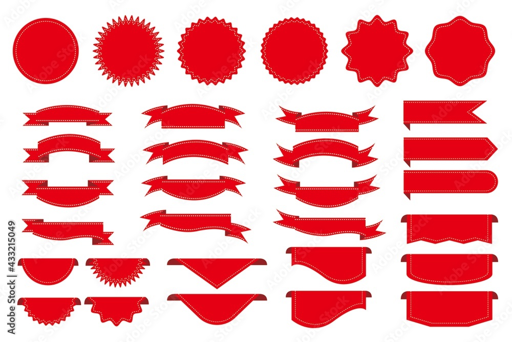 © Lala - Set of red label and sticker icons. Red ribbon illustration for web, e-commerce, store, advertising and graphic design. Vector illustration. © Lala - Set of red label and sticker icons. Red ribbon illustration for web, e-commerce, store, advertising and graphic design. Vector illustration.