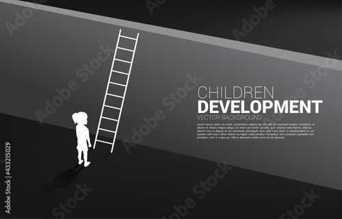 silhouette of kid ready to cross over the wall with ladder. Concept of children education and learning.