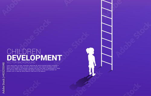 silhouette of kid standing with the ladder for go up. Concept of children education and learning.