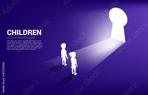 silhouette of kid ready to move out to key hole door. Concept of children education and learning.
