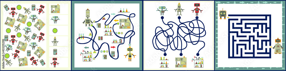 Mini games collections with robots for development. I spy. Maze. Colorful vector illustration in flat style. Mini games collections with robots for development. I spy. Maze. Colorful vector illustration in flat style.