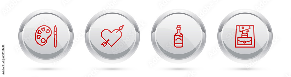 Fototapeta premium Set line Paint brush with palette, Amour heart and arrow, Bottles of wine and Handbag. Silver circle button. Vector