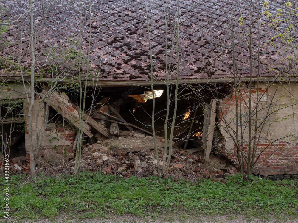 Obraz premium An old collapsed red brick house wall with a whole old slate roof with moss.