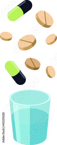 Medicines and a glass of water. Tablets, Capsules, Vitamins are thrown into a glass of water. Vector isolated illustration.