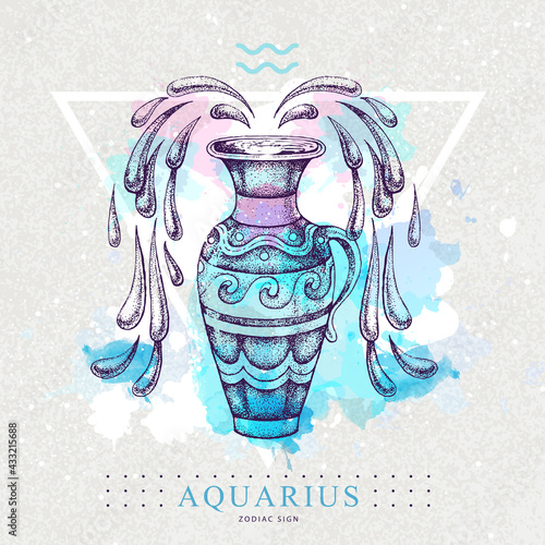 Modern magic witchcraft card with astrology Aquarius zodiac sign on artistic watercolor background. Realistic hand drawing water jug illustration.