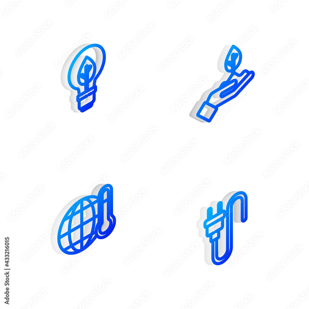 Set Isometric line Plant in hand, Light bulb with leaf, Global warming and Electric plug icon. Vector Set Isometric line Plant in hand, Light bulb with leaf, Global warming and Electric plug icon. Vector