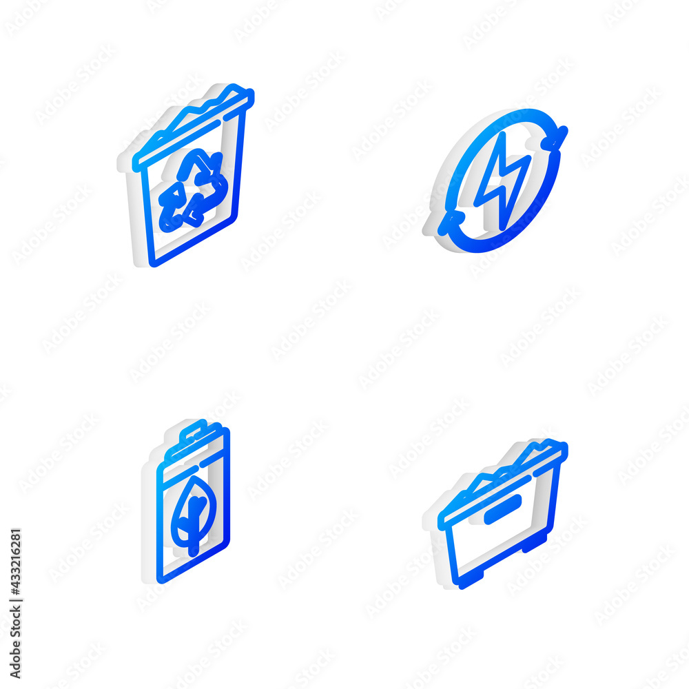 Set Isometric line Lightning bolt, Recycle bin with recycle, Eco nature leaf and battery and Trash can icon. Vector Set Isometric line Lightning bolt, Recycle bin with recycle, Eco nature leaf and battery and Trash can icon. Vector
