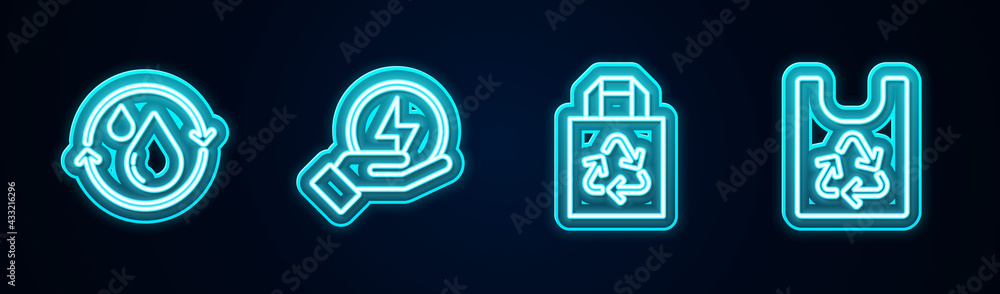 Set line Recycle clean aqua, Lightning bolt, Paper bag with recycle and Plastic. Glowing neon icon. Vector