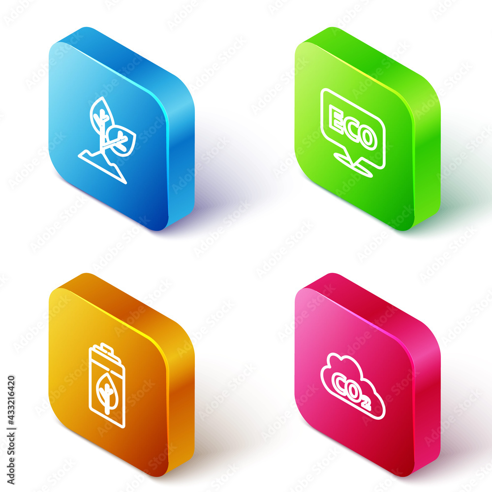 Set Isometric line Plant, Label for eco healthy food, Eco nature leaf and battery and CO2 emissions in cloud icon. Vector Set Isometric line Plant, Label for eco healthy food, Eco nature leaf and battery and CO2 emissions in cloud icon. Vector