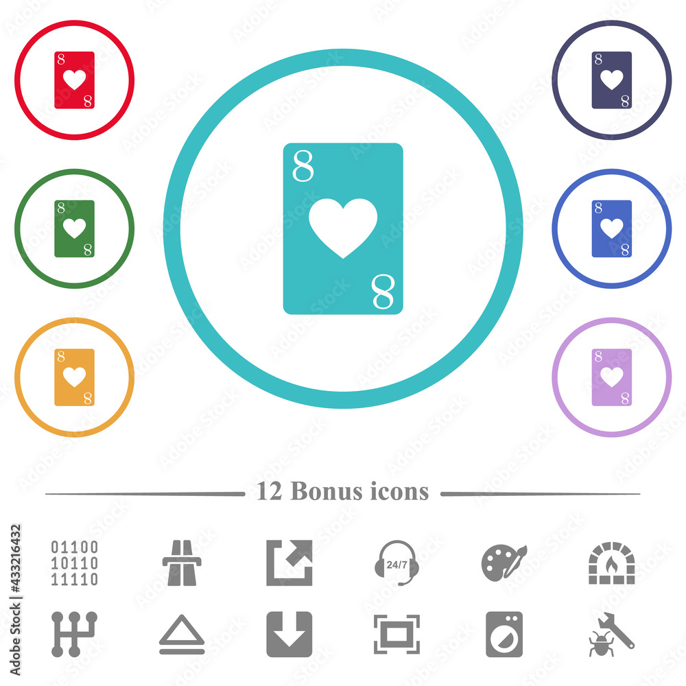 Eight of hearts card flat color icons in circle shape outlines Eight of hearts card flat color icons in circle shape outlines