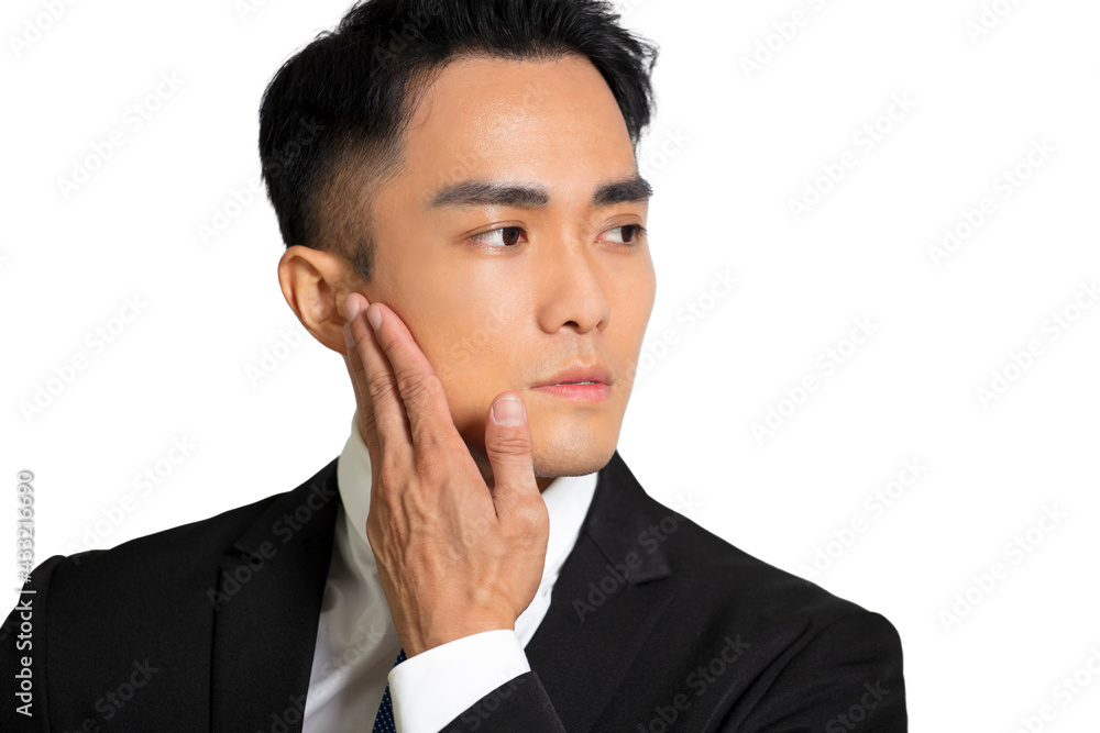 Closeup handsome asian young man face with skin care concept Closeup handsome asian young man face with skin care concept