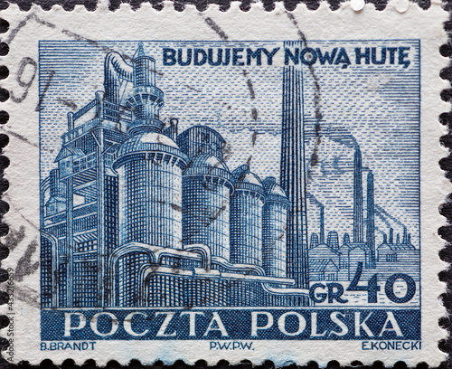 POLAND-CIRCA 1951 : A post stamp printed in Poland showing a historical picture of the Nowa Huta Steelwork