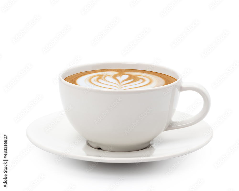 Hot coffee cappuccino latte art isolated on white background. Hot coffee cappuccino latte art isolated on white background.