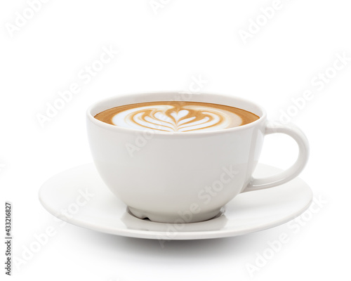 Hot coffee cappuccino latte art isolated on white background.