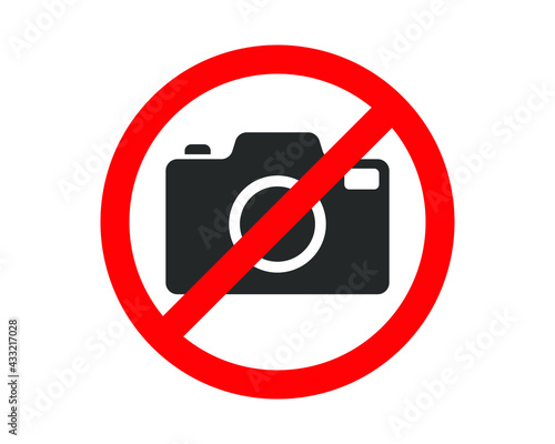No photographing prohibition symbol sign. Photograph amd camera prohibit icon logo. Vector illustration image. Isolated on white background.