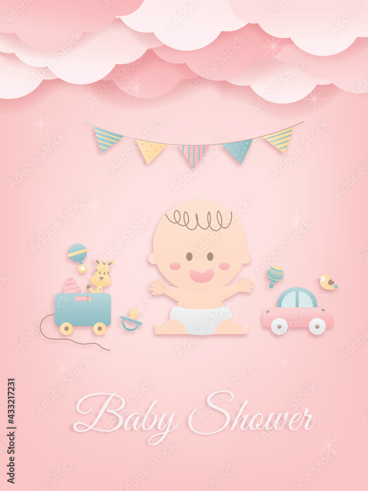 Vector illustration greeting card for baby shower on pink background, cute design Papercraft baby and toys on background, Cute papercraft and paper cut style. Vector illustration greeting card for baby shower on pink background, cute design Papercraft baby and toys on background, Cute papercraft and paper cut style.