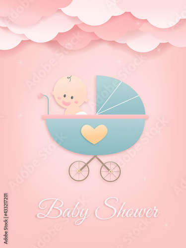 Vector illustration for baby boy shower card on pink background, cute design Papercraft babysitting in Stroller background, Cute papercraft and paper cut style.