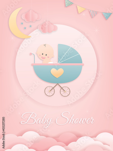 Vector illustration for baby boy shower card on pink background, cute design Papercraft babysitting in Stroller background, Cute papercraft and paper cut style.