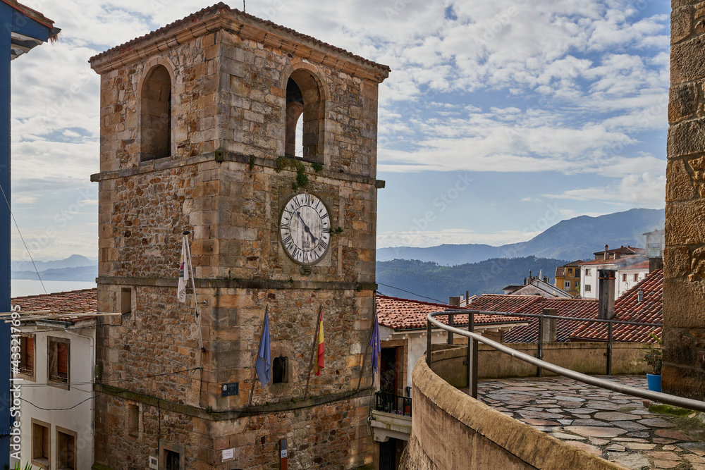 Clock Tower, located in the Asturian town of Lastres (Llastres), in the municipality of Colunga. In Asturias (Asturies).
