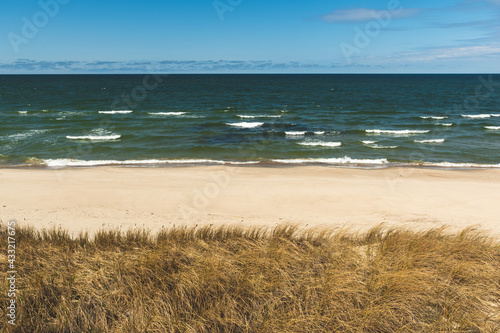 Beautiful rough blue sea with waves and sandy beach with reeds and dry grass among the dunes  travel in summer and holidays concept