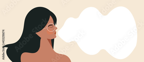 Calm breathing woman with closed eyes Wellness female character practice deep breathing. Young modern girl doing inhale exhale breath exercise for stress relief. Flat vector illustration for banner