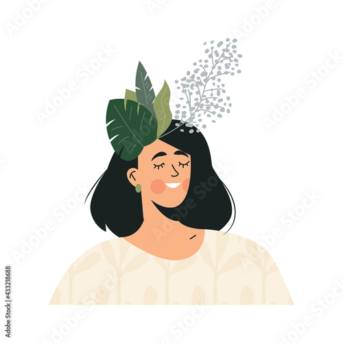 Wellness calm woman Go green and global mind concept. Green positive think, healthy lifestyle and self care. Smiling inspired girl with fresh leaves in hair. Flat vector cartoon illustration