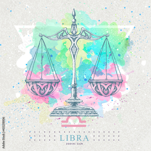 Modern magic witchcraft card with astrology Libra zodiac sign on artistic waterclor background. Realistic hand drawing scales illustration.